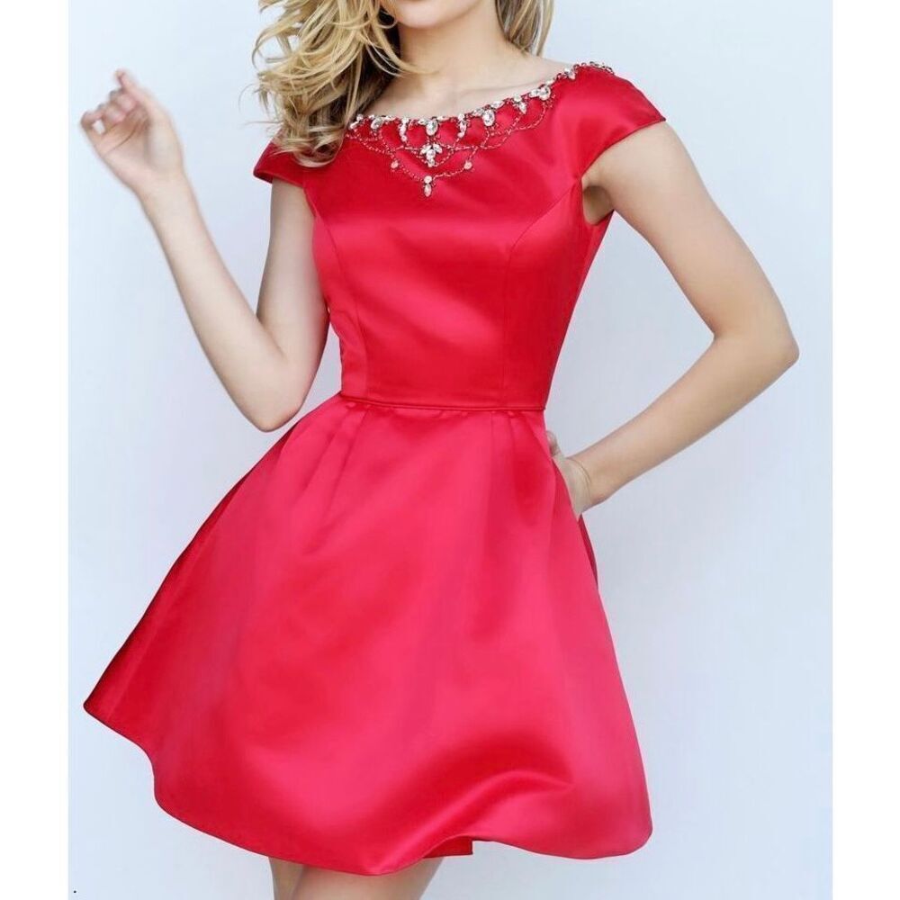 NWT Sherri Hill Cherry Red Gem Embellished Fit & Flare 50534 Mini Dress Small